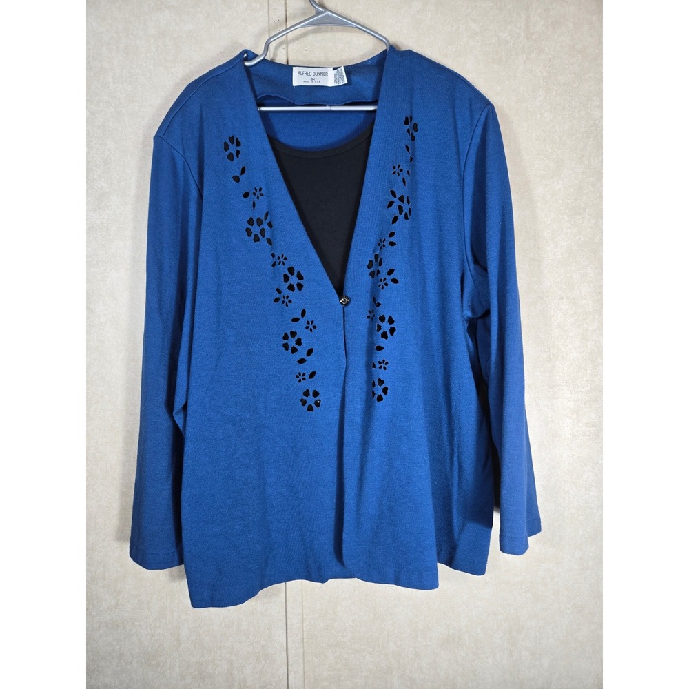 Alfred Dunner Womens 3X Royal Blue Floral Laser Cut Layered Cardigan Top USA